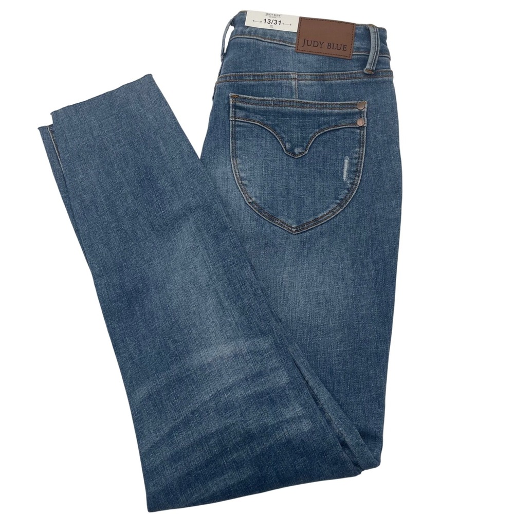 Judy Blue High Waist Skinny Fit Jeans Distressed Raw‎ Hem Med Blue Size 13/31